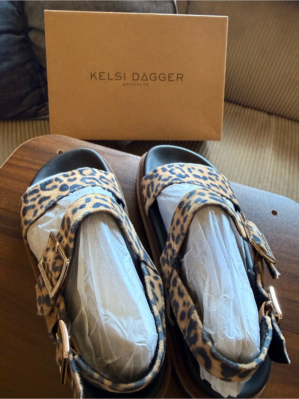 Kelsi Dagger “kid suede” Leopard Print Buckle Sandals - Tan/Black